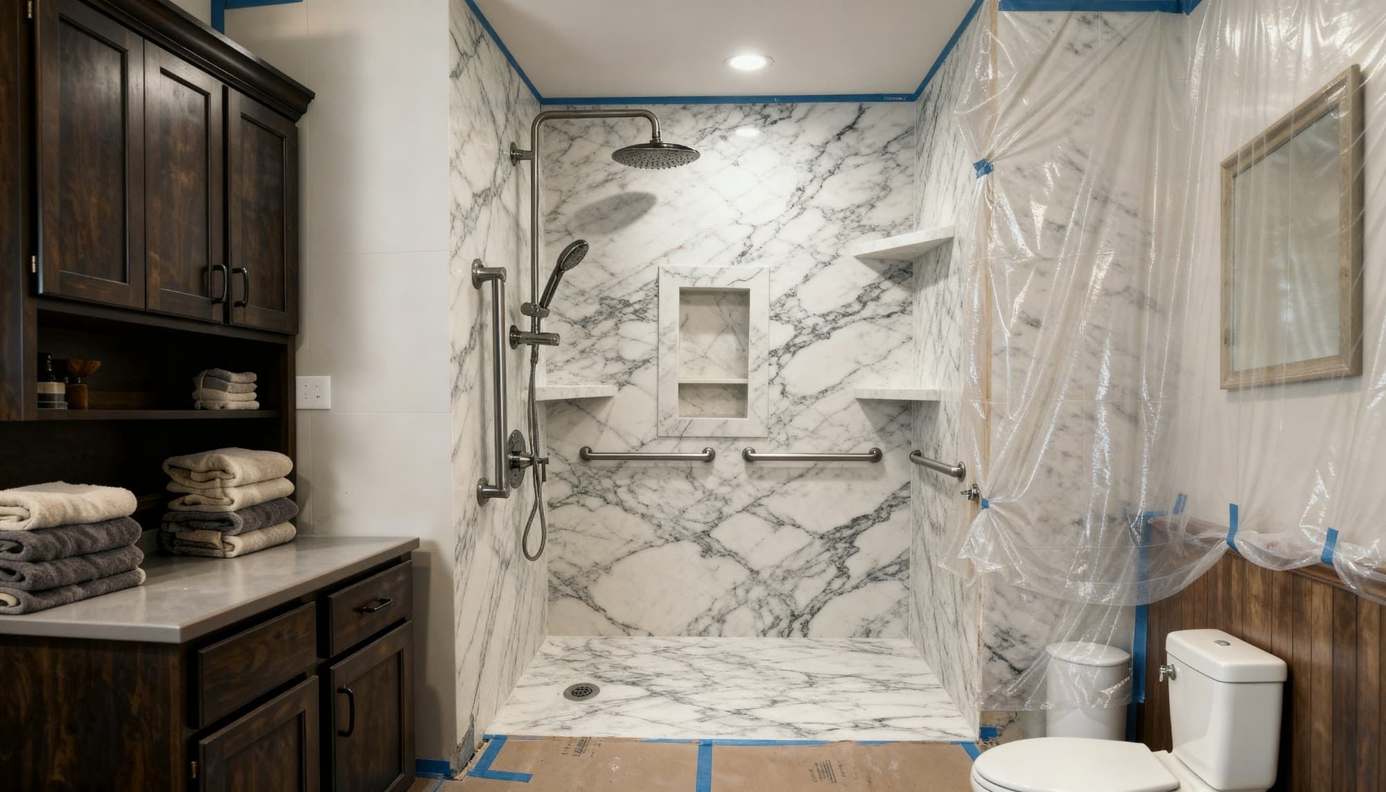 Walk-in shower with marble-look walls, grab bars and shelves before glass installation